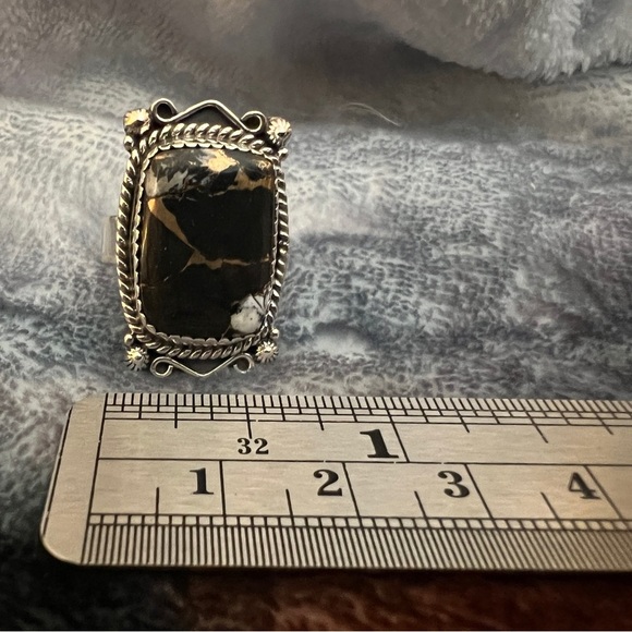 ❤️ Black Stallion Dahlia Turquoise 925 Navajo Style Sz 7 Adjustable Ring 8.3gm - Picture 6 of 12